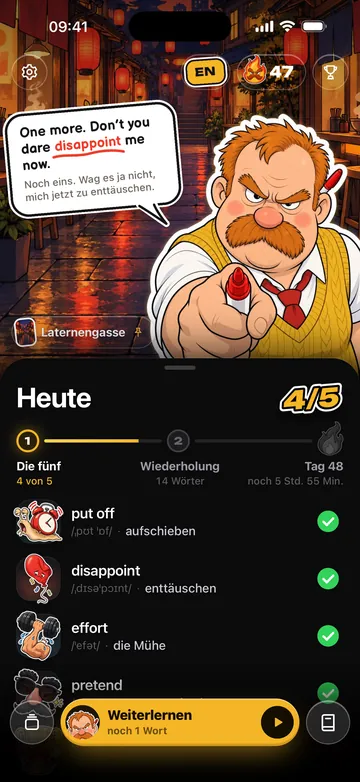 Heute: fünf neue Wörter, dann die Wiederholung