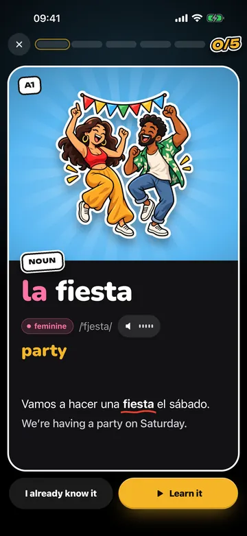A word card with its picture and an example