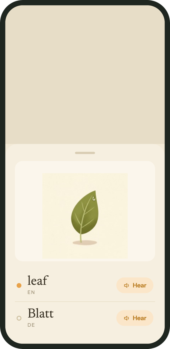 A word in two languages in Little Firsts: a leaf, shown as 'leaf' in English and 'Blatt' in German, each with a Hear button.