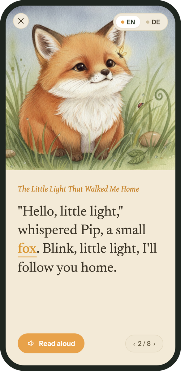 Little Firsts on a phone: a bilingual story page with the little fox, the word fox tappable, and a Read aloud button.