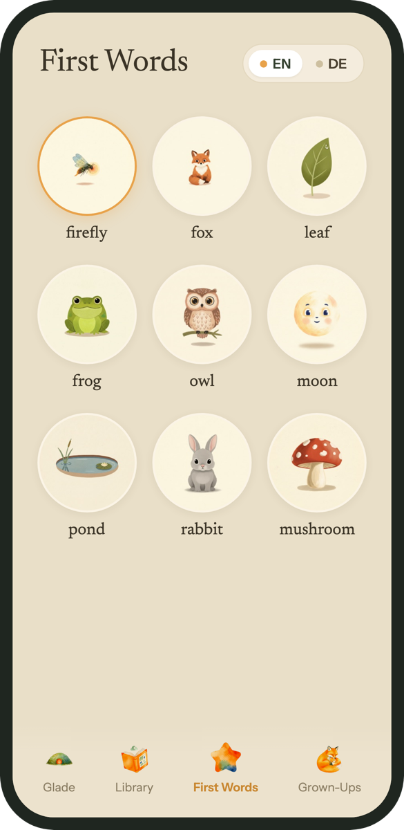 The First Words picture dictionary in Little Firsts: a grid of softly illustrated words — firefly, fox, leaf, frog, owl, moon, pond, rabbit, mushroom.