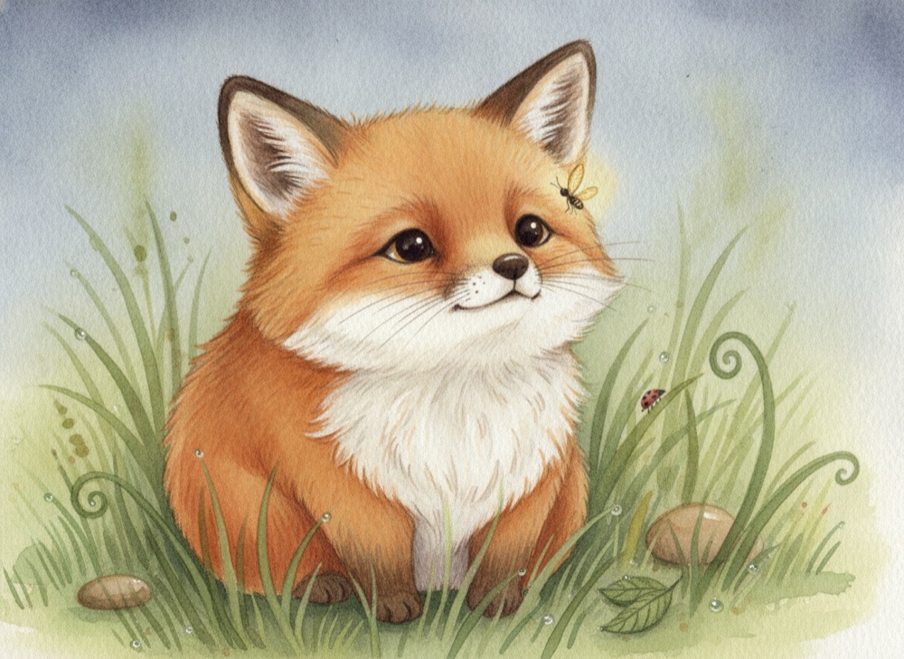 A hand-painted story scene from Little Firsts: a small fox sitting in tall grass, with a ladybird and a firefly nearby.